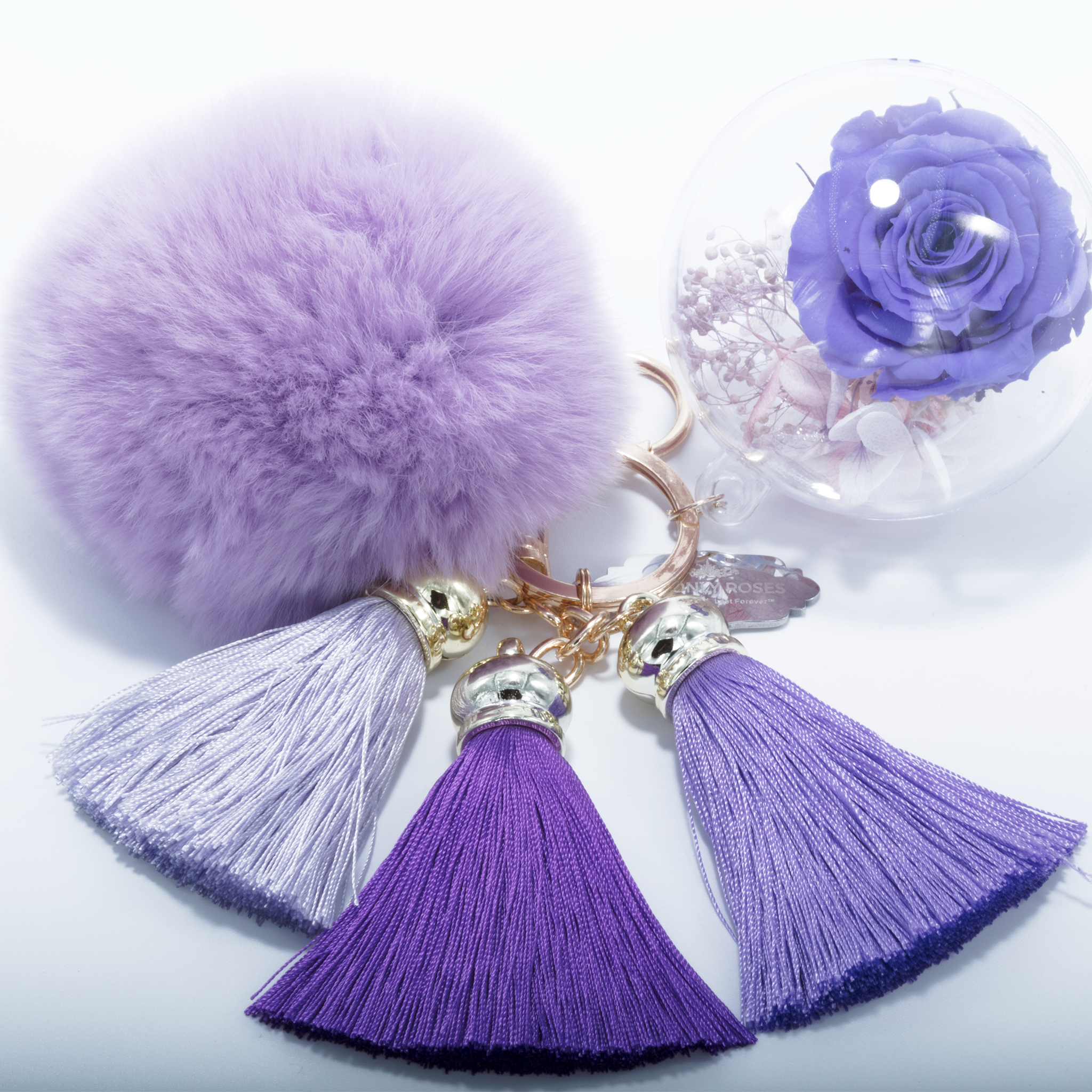 PURPLE PRESERVED ROSE | PURPLE FLUFFY BALL WITH FADED PURPLE THREAD TASSELS KEYCHAIN
